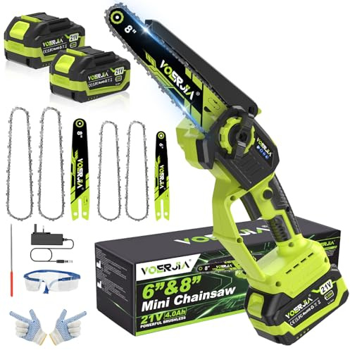 VOERJIA Akku Kettensäge 21V, Mini Kettensäge 6 & 8 Zoll mit automatischer Kettenschmierung, 2x 4.0Ah Akku, bürstenloser Motor, Handkettensäge für Baumschnitt, Garten & Holzarbeiten