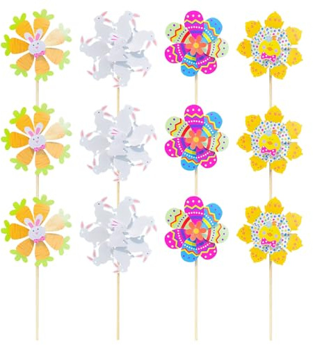 Moulin à vent de Pâques – Bois de papier, 57 cm, moulin à vent, mignon toupie de cour | Motif lapin et poussin coloré, lot de 12 jouets rotatifs décoratifs d'extérieur pour jardin, pelouse, terrasse