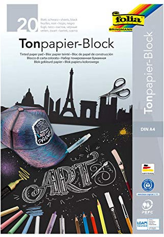 folia 197 - Tonpapierblock, schwarzes Zeichenpapier, DIN A4, 20 Blatt 130g/m², Block mit Kopfleimung, ideal für helle Farben wie Kreide, Speckstein