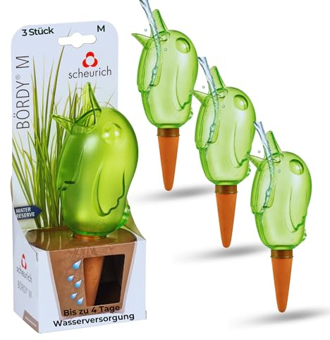 Scheurich Wasserspender Bördy M | 3 x Grün | 220ml Füllmenge | Bewässerungskugel klein mit Ton Fuß | Wasserspender Pflanzen und Blumen Terrakotta Stiel