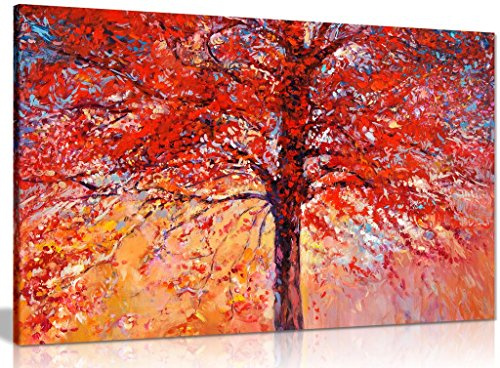 Abstrakt oljemålning röd höst träd modern kanvas väggkonst bildtryck (18 x 12 tum)