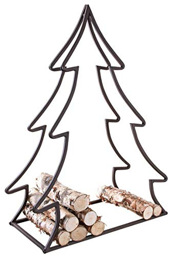 AUBRY GASPARD - Porte-Bûches Métal Sapin - L 64 cm x H 85 cm x P 28 cm - Finition Vieillie - Design Rustique Élégant - Idéal Stockage et Transport Bois Chauffage Intérieur