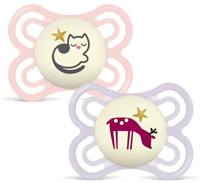 MAM Perfect Schnuller für Babys, 2-6 Monate, Hellrosa, 2 Stück | Leuchtet im Dunkeln mit extra dünnem und flexiblem Sauger aus Skin Soft Silicone, mit selbststerilisierender Box