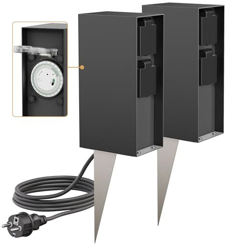 ledscom.de 2 pz. colonnina da giardino POMI con picchetto a terra e cavo da 2 m per esterni, IP44, timer/timer, a 2 ingressi, antracite, quadrata, 23cm