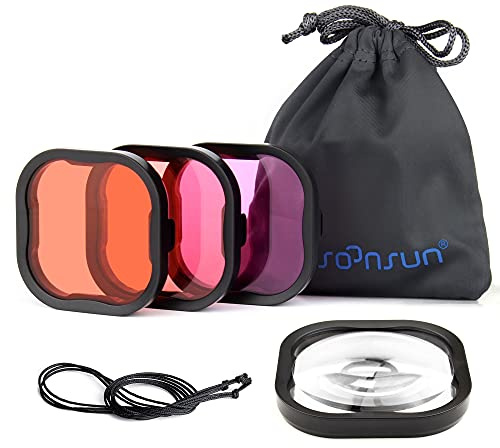 SOONSUN 4er-Pack Tauchfilter für GoPro Hero 11 10 9 8 schwarzes, offizielles wasserdichtes Gehäuse – rot, hellrot, 5xNahaufnahmen Makrofilter – Farbkorrektur für Unterwasserfotos, Videoaufnahmen