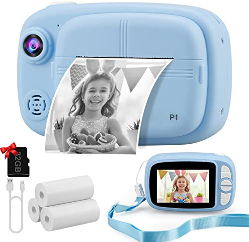 Misilmp Appareil Photo Instantané Enfant, 3,5 Appareil Photo Enfants Cadeaux pour 3 à 14 Ans, Papier d'impression sans Encre et 32GB Carte, 12MP 1080P Enregistreur Photos Vidéo 3 en 1 Jouet (Bleu)