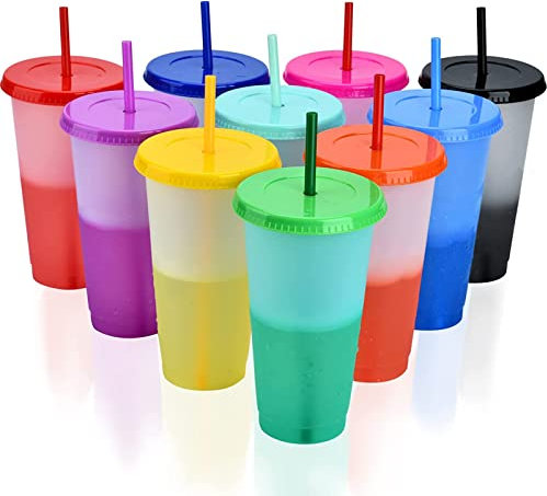 PALUDO 10 Pièces Gobelets Plastiques Réutilisables avec Couvercle & Paille, 710ml Gobelets à Changement de Couleur, Tasse de Voyage, Verre Plastique Reutilisable pour Enfants Adultes Fête