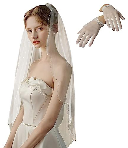 PRINCESS BRIDE Brautschleier mit kurzen Spitzenhandschuhen Rand mit Kristallperlen Brautschleier Elfenbein Hüftlänge (A2), elfenbein, M