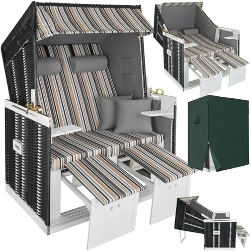 tectake® Strandkorb, Strandkorb Ostsee 2-Sitzer, verstellbare Rückenlehne, Volllieger mit Fußbänkchen und Seitentische, inkl. Schutzhülle & Kissen, für Balkon, Garten und Terrasse - schwarz/grau/braun