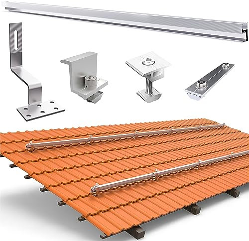 TEOV PV Montageset Ziegeldach mit 1240mm Montageschiene und Dachhaken, Befestigung Solarmodul Halterung Solarpanel Halterung mit Endklemme Und Mittelklemme 40mm, für 6 Solarmodule