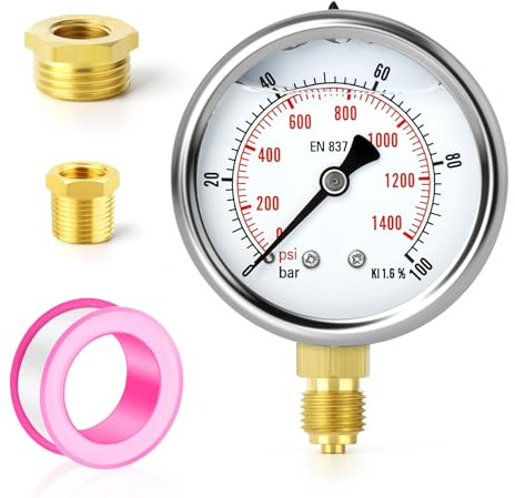 TAILONZ PNEUMATIC 0-100 bar acero inoxidable 1/4 BSP 2,5 pulgadas FACE DIAL Manómetro lleno de líquido WOG Agua Aceite Gas soporte inferior