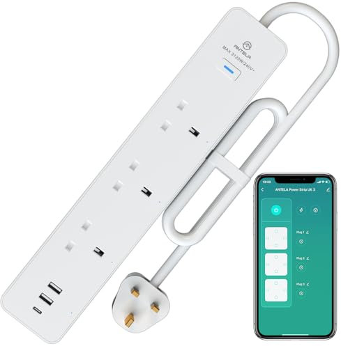 ANTELA Smart Power Strip Energy Monitoring, Wifi Smart Extension Lead with 3 Outlets+3 USB Ports (2 USB A+1 USB C), Work with Alexa, Google Home, Voice Control, Smart Life App, 1.5M, 2.4GHz, 13A