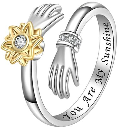 JewelryWe Anxiety Ring Damen Umarmungsring Gold Sonnenblume Edelstahl Umarmung Hände Fidget Angst Ring Anti Stress Spinner Offener Ring Silber mit Gravur