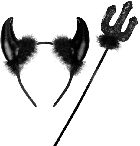 ROSAUI Halloween Teufelshörner und Zauberstab, Karneval Teufel Kostüm Damen, Hörner Haarreif Schwarz, 36cm Zepter, Hörner Kopfschmuck Teufel Accessoire Fasching Party