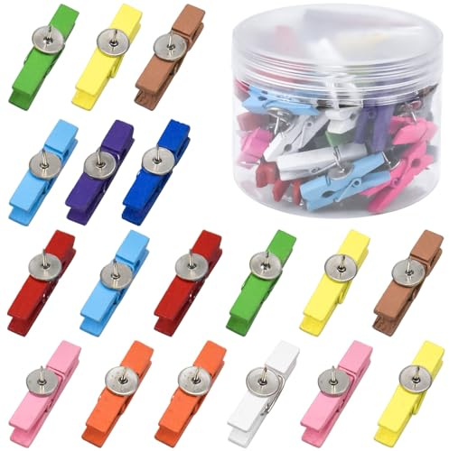 50 Stück Push Pin Clips Wooden Pegs Stecknadeln mit Holzklammern, Holz Wäscheklammern Bunt mit Reißzwecken, Wooden Pinnwandnadeln Clips für Kork Pinnwand Notizen Fotos Aufhängen Basteln