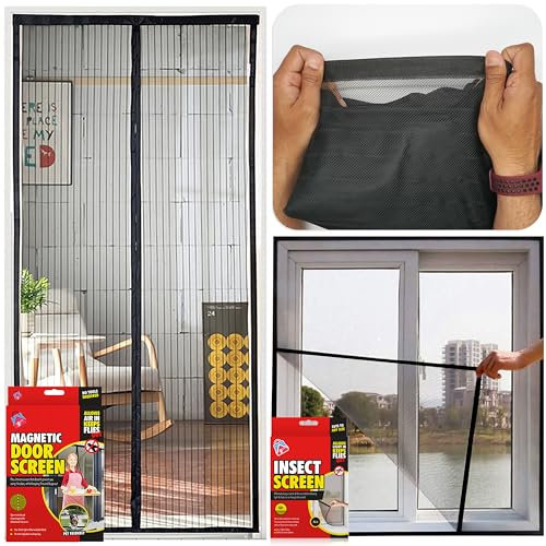 Window Screen with Magnetic Fly Screen Door, Heavy Duty Bug Mesh Curtain with Magnets and Full Frame Tape, Insect Protection Door No Gap, Window Nets to Keep Bugs Out (Black)