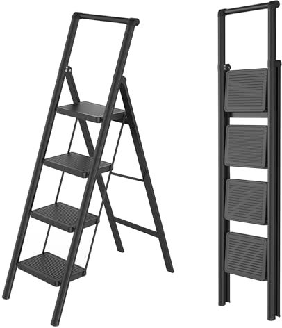 Scala pieghevole a 4 gradini, ampio pedale antiscivolo, corrimano, multifunzione fino a 270 kg, scaletta per gradini casa ufficio, colore nero