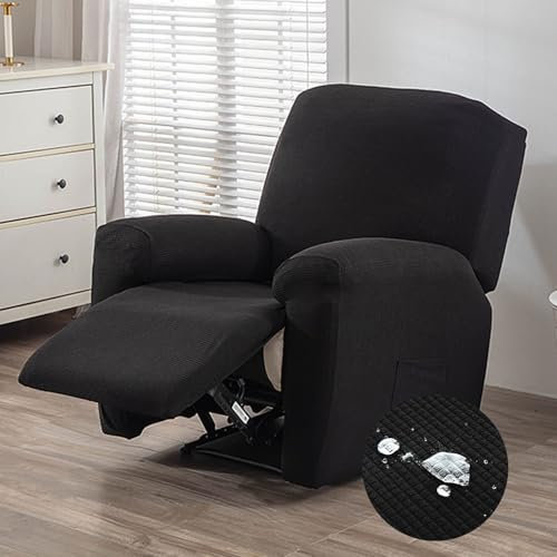 Hearda Jacquard Stretchhusse für Relaxsessel, Spritzwassergeschützt Sesselschoner für Relaxsessel 4-Teilig Sesselbezug Relaxsessel Bezug Stretch mit Tasche Bezug für Fernsehsessel (Schwarz)