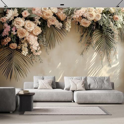 Papier Peint Panoramique Partager Rose, 400×280cm Feuilles De Palmier Usine Papier Peint soie Personnalisé Photo Murale pour Salon Chambre d'enfants Décoration Murale