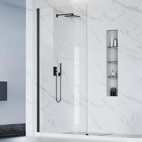 Bathbliss 36 W x 76 H Frameless Shower Glass Panel, 8mm Clear Tempered Glass, Fixed Walk-In Shower Screen, Matte Black Finish, Reversible Installation