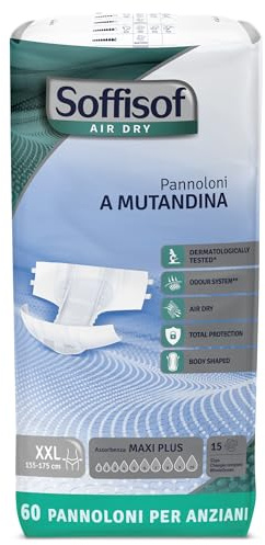 Soffisof Air Dry Couches Adultes Maxi Plus XXL - 60x Couche Adulte Incontinence - 4 Paquets de 15 Pièces Change Complet Adulte - Absorption 10 Gouttes - Taille XXL (155-175 cm)