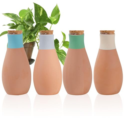 MKNZOME Bewässerungssystem (400ml*4), 4 Stück Tonkegel Bewässerung Zimmerpflanzen Selbstbewässerung Wasserspender Pflanzen Ton Bewässerungskugeln Pflanzen Bewässerung Urlaub für Garten Balkon Pflanze
