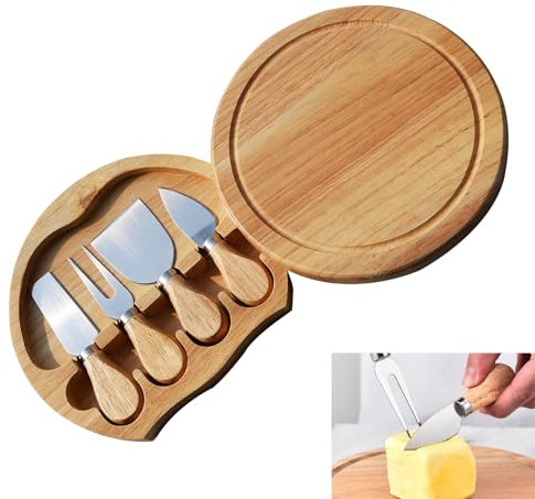 Tagliere per Formaggi e Set di Coltelli per Formaggio, Tagliere di Formaggio in Legno Rotondi, Vassoi da Portata per Picnic Feste Frutta Verdura Carne, con set di 4 Coltelli, Idee Regalo Casa Nuova