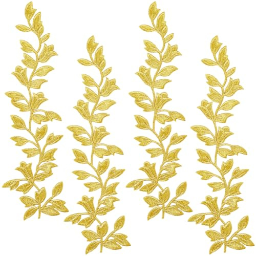 GORGECRAFT 4 Stück Blatt Spitzenstoff Bestickte Aufnäher Mit Rankenmotiv Zum Nähen Goldene Blätter Aufnäher Besatz Spitzenapplikation Für Frauen DIY Nähbesatz Hochzeitskleid Zubehör DIY Dekoration