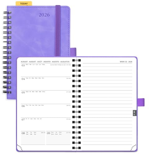 POPRUN Taschenkalender 2026 Klein Ringbuch mit Softcover, ca. A6 (16 x 10,5 cm) - Kalender 2026 Buchkalender Notizbuch (Jan.2026-Dez.2026) mit 100 GSM Papier - Flieder