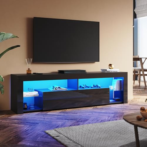 SUNXURY Meuble TV moderne de 180 cm avec étagères en verre - 180 x 35 x 50,5 cm - Viet - Meuble de rangement - Meuble TV bas avec portes d'armoire - Noir brillant