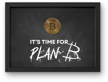 Bitcoin Wandbild mit echter Münze | „Plan B“ Motiv für Investoren & Gründer | Hochwertiger Holzrahmen | Geschenk für Unternehmer, Büro & Homeoffice
