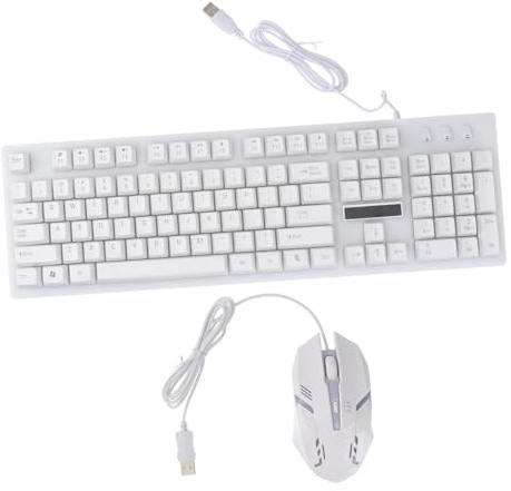 Conjunto de Teclado y Ratón USB de 104 Teclas y 4 Botones | Blanco de Plástico, Iluminación Visible y Diseño Resistente al Desgaste, 1 Juego para Casa o Café