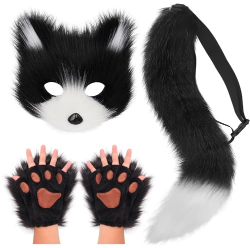 DRESHOW Fuchsschwanz Kunstpelz Flauschige Katze Wolf Plüsch Maske Halloween Party Kostüm Pfote Handschuhe Cosplay Set für Damen