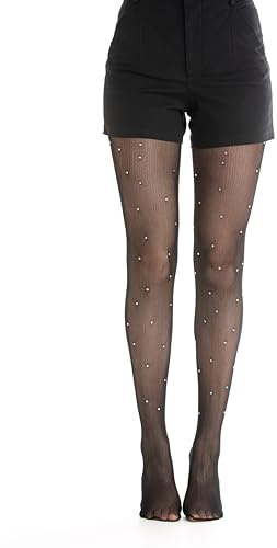 Strass Blommig Spets Strumpbyxor, Nätstrumpor Dam Mönstrad Elegant Vertikal Randig Design, Svart, Svart stor diamant, S-M