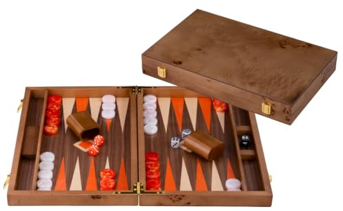 Engelhart-250549 – Backgammon Holz 18 Zoll (45,5 cm) Luxus Koffer Maserholz Walnuss-Inlay – Offen 52 × 45,5 cm – Orange/Weiße Steine – Würfel & Becher – Strategiespiel