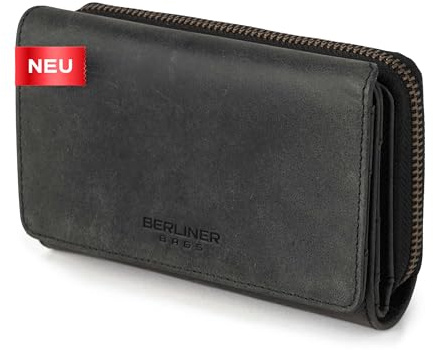 Berliner Bags Geldbörse Damen Vienna Vintage, Groß Geldbeutel - Dunkelgrau | Portmonee groß aus Echtleder, 19 Kartenfächer, TÜV-geprüfter RFID-Schutz, YKK-Reißverschluss, Geschenkbox für Damen