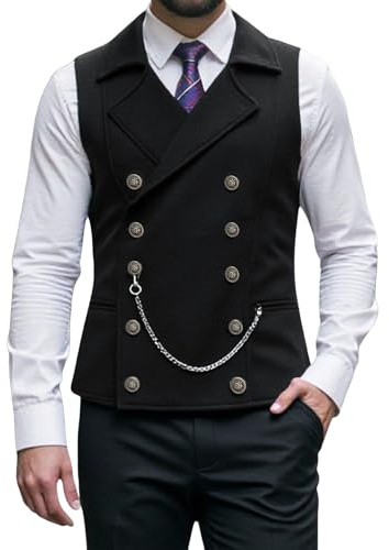 Generisch Gilet da uomo a doppio petto in stile steampunk, con colletto a risvolto e catena | Elegante gilet gotico per occasioni speciali, Stil_m01 Nero, XL