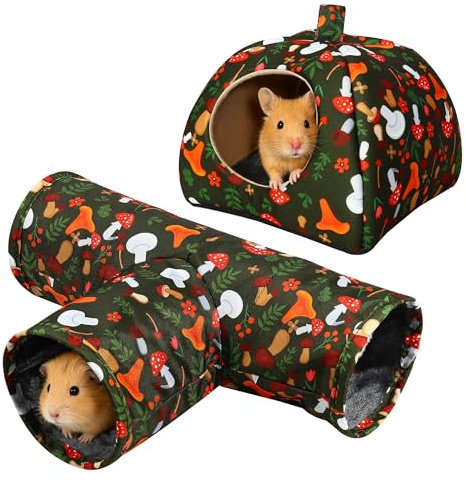 Guinea Pig House & 3-Tunnel Set - Cuddly House & Toy Guinea Pig Bed Accessories Hideaway Hamster Bed for Rabbits, Guinea Pigs, Ferrets, Chinchillas and Other Small Animals