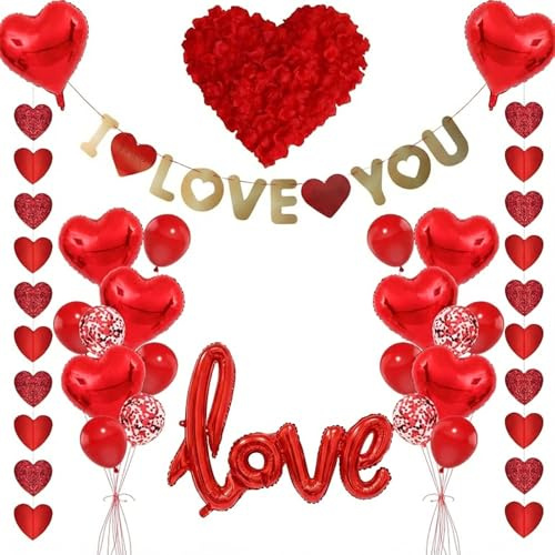 Valentinstag Deko Set für Paare Rot – Romantische Schlafzimmer Deko mit I Love You Banner, Herz Luftballons & Rosenblätter, Deko für Valentinstag, Antrag, Hochzeit & Jubiläum