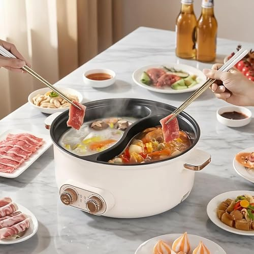 Olla Eléctrica para Fondue, 7,5 L, Olla Doble con dos Controles, Olla Eléctrica de 1600 W con Separador - 3 Ajustes de Velocidad, Olla Multifuncional para Saltear, Ramen, Fondue y Verduras