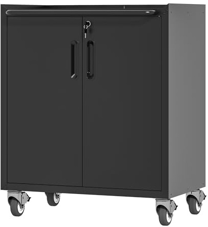 Generisch Estantería enrollable de acero resistente con cerradura, 75 × 42 × 88 cm, 4 ruedas y estantes ajustables, armario de garaje para herramientas, oficina, sótano, taller, montaje en 30 min