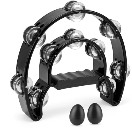 Halbmond Tamburin mit 2 Musikeie,Hand Tambourine für Bands Musikunterricht Party (Zweilagig schwarz)
