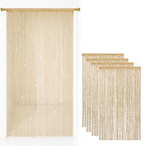 4 Pack String Door Curtains, 100 x 200 cm Glitter Fringe Panel Champagne