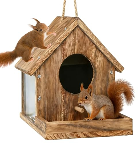 Bemonew Eichhörnchenhaus Eichhörnchen Futterspender, Holzhaus mit Sichtfenster, einfach zu montierende Wildtierfutterstation für Garten & Hinterhof