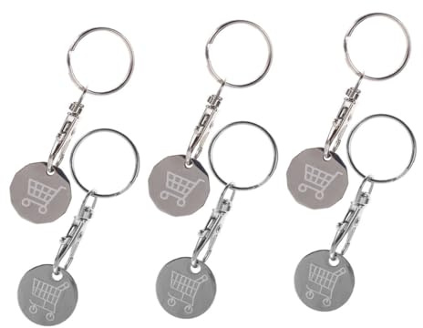 LRXIYODE 6pcs Stainless Steel Shopping Cart Token Keyrings Lightweight Metal Trolley Coin Keychain Set for Supermarket Grocery Shopping