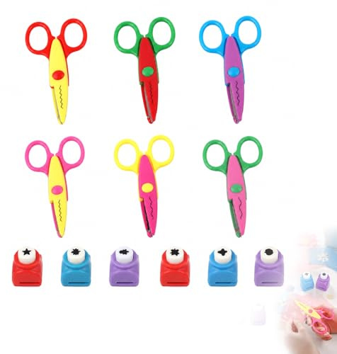 Bastelschere Set für 6er Pack Scheren mit Sicherheitsdesign, inklusive 6 Papierstanzer, Verschiedene Schnittformen - Ideal für DIY Handwerk, Scrapbooking und Schulprojekte