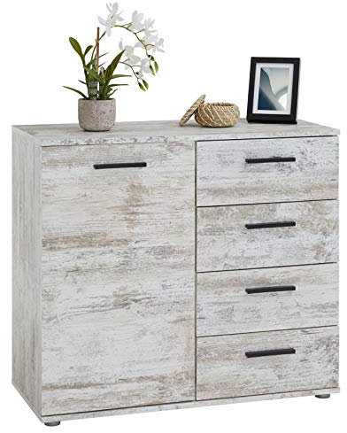 CARO-Möbel Kommode Sideboard Schrank Chicago Shabby Chic, mit Tür und 4 Schubladen, Vintage Look Highboard