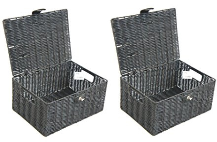 2 x Arpan Resin Woven Storage Hamper Basket Box With Lid & Lock (Black - Medium)