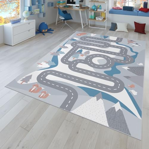 TT Home Kinder-Teppich, Spiel-Teppich Für Kinderzimmer Straßen-Motiv Mit Tieren Creme, Größe:80x150 cm
