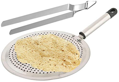Stainless Steel Roasting Net Double Sided With Tong set of 2,Cooking Rack for Papad and Khakras,For Baking Rotis and Parathas-Silver
